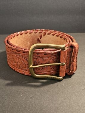 Ralph Lauren Tooled Leather Belt - Rust Brown with Brass Buckle